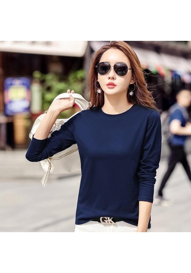 Koyu Mavi İlkbahar ve Sonbahar Kadın Bluz Pamuk Gevşek Düz Renk Yuvarlak Yaka Uzun Kollu Üst Koyu Mavi