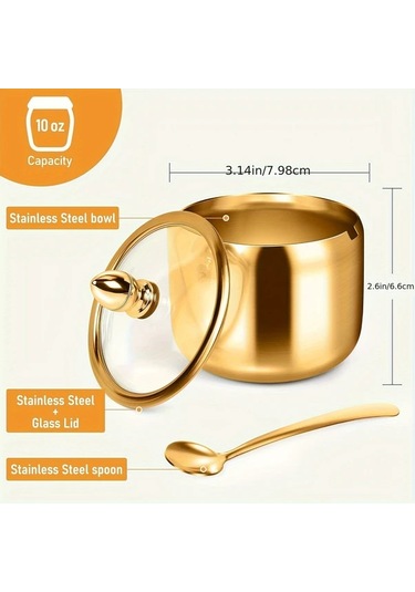 Cordial Altın Şekerlik: Paslanmaz Çelik Cam Kapaklı Ve Kaşıklı, Kahve Bar Ve Mutfak İçin Çok Amaçlı Dayanıklı Ürün Altın