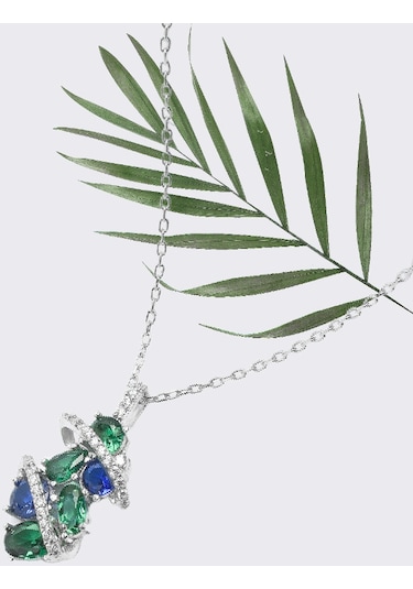 Brezza Lusso Jewelry Zümrüt Oval Taşlı Luxury Kadın Gümüş Kolye Küpe Set