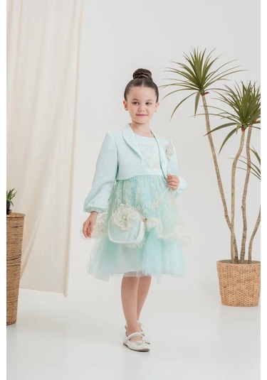 Kız Çocuk Elbise Ceketli Tüllü Çantalı Yeşil