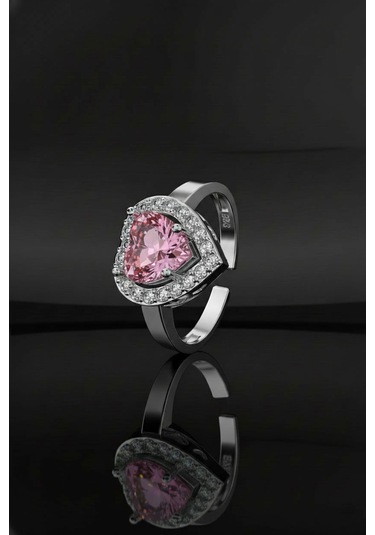 925 Ayar Pembe Taşlı Rodyum Pırlanta Işıltılı Kalp Ayarlanabilir Gümüş Yüzük Gümüş