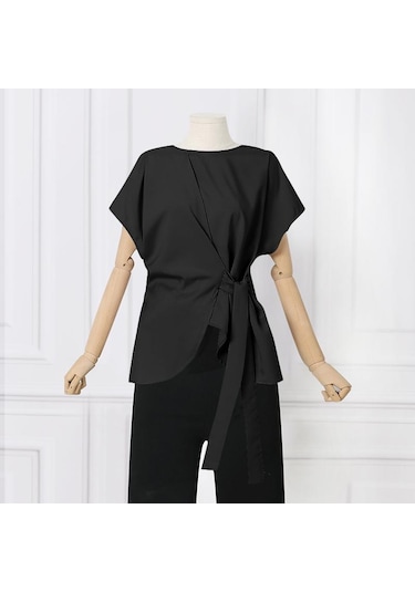 Siyah Vonda Yaz Kadın Kısa Kollu Bisiklet Yaka Tunik Üstleri Rahat Düz Renk Pilili Bluz T-shirt S-5xl Siyah Vonda Yaz Kadın Kısa Kollu Bisiklet Yaka Tunik Üstleri Rahat Düz Renk Pilili Bluz T-shirt S-5xl