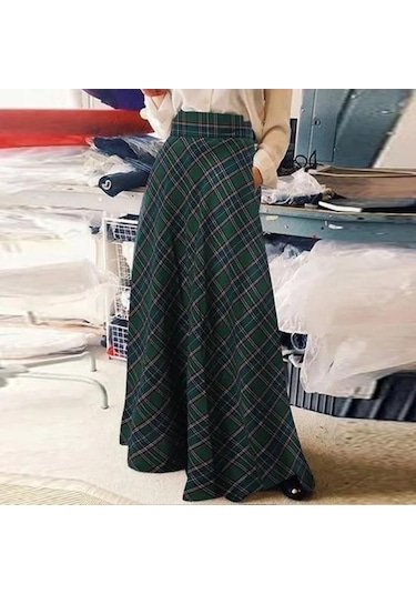 Kadın Yüksek Bel Uzun Etek A Kesim Ekose Desen Büyük Boy Kadın Etek Yer Uzunluğu Büyük Etek Etek Kırmızı