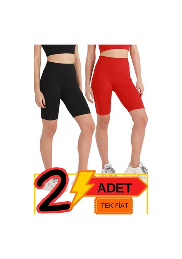 Kadın Yüksek Bel Toparlayıcı Şort Tayt Siyah & Kırmızı 2'li Paket Lycralı Biker Shorts 21071 Siyah - Kırmızı