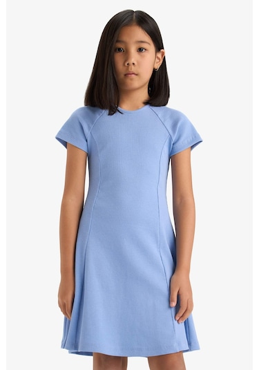DeFacto Kız Çocuk Bisiklet Yaka A Kesim Basic Düz Fitilli Kaşkorse Kısa Kollu Yazlık Elbise E5801A825SMBE113