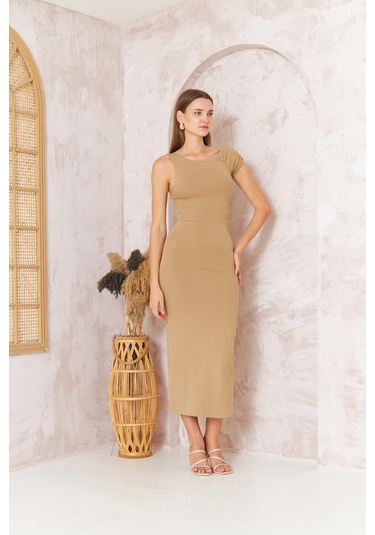 Kadın Kısa Kollu Tek Omuz Kaşkorse Bej Elbise Dm1051 Bej