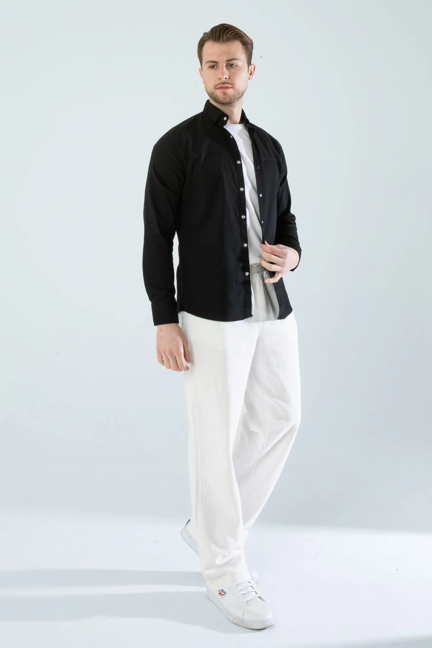 Slim Fit Erkek Cepsiz Kot Gömlek Siyah