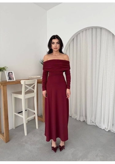 Uras Straplez Elbise Bordo