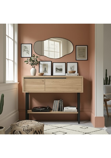 Robin Home Antre Hol Salon Aynalı Dresuar Kapaklı Metal Ayaklı No1 Sepet Kahverengi