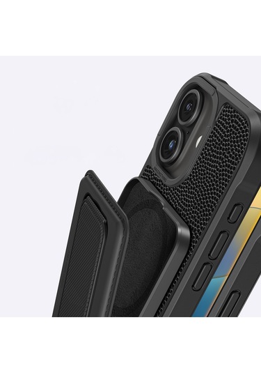 İphone 16 Uyumlu Kılıf Magsafe Özellikli Standlı Kartlıklı Set Amazingthing Glamour Luxe Serisi Kapak Siyah