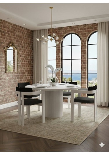 Verona Doğal Ahşap Yuvarlak Yemek Masası Takımı 4 Kişilik Modern Scandinavian Stil Beyaz Antrasit