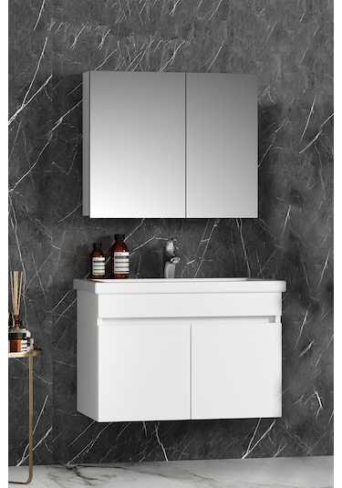 Çiğdem 80 Cm Beyaz Mdf Seramik Lavabolu Asma Banyo Dolabı Takımı Beyaz