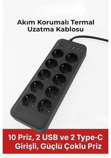 Buffer Akım Korumalı Termal Uzatma Kablosu 10 Priz, 2 Usb Ve 2 Type-c Girişli, Güçlü Çoklu Priz 0