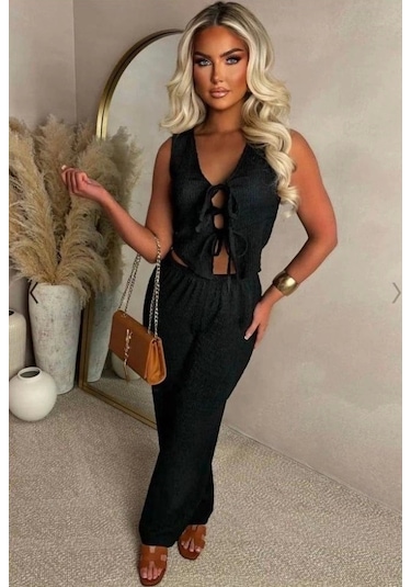Defymoda Kadın Ital Piliseli Kumaş Önde Bağcık Detaylı Takım Siyah