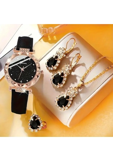 Kadın Vintage Yuvarlak Saat Analog Ve Kolye+küpe+yüzük Takı Altın - Siyah