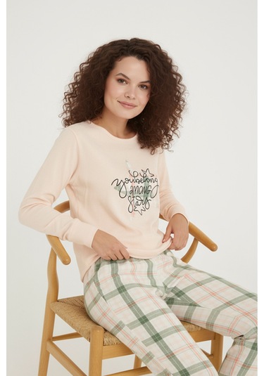 Luxury Thermal Among Stars Desenli Kadın Polar Kışlık Pijama Takımı 42058 Ekru