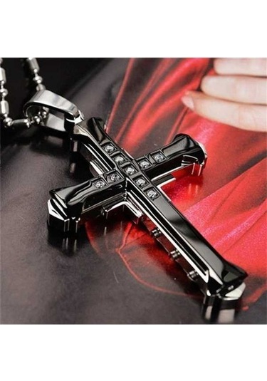 Fastbuy Siyah Moda Kristal Çapraz Kolye Erkekler İçin Paslanmaz Çelik Hip Hop Kolye İsa Çapraz Takı Yıldönümü Hediyesi Standa Siyah