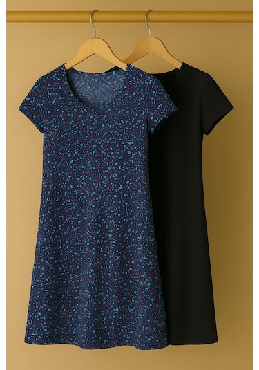 2 Adet Dökümlü Rahat Kalıp Günlük Penye Kumaş Elbise Siyah