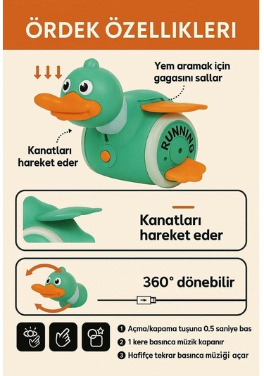 Sesli Ve Işıklı Yürüyen Ördek Oyuncak - Usb Type-c Şarjlı İnteraktif Ördek