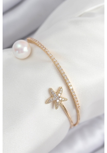 Pirinç Zirkon Taşlı Yıldız Ve İnci Model Gold Renk Kadın Bileklik Altın