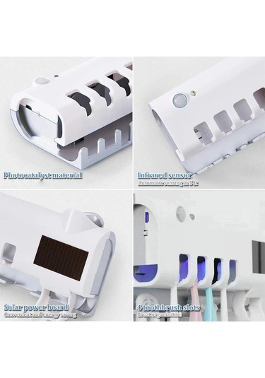 Mufunye Beyaz Duvarlı Uv Diş Fırçası Sterilizasyon Rafı - Entelegent Çift İşlev, 4 Fırça Tutabilir, Güneş Ve Usb Şarjlı, Kızılötesi Algılama Beyaz