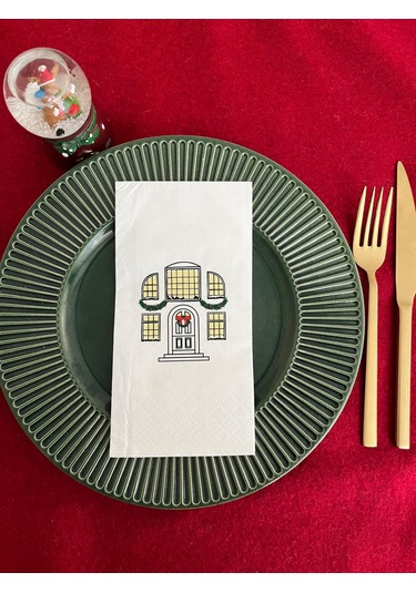 Siyah Beyaz Yılbaşı Evi Baskılı Sunum Peçetesi Beyaz 16 Adet