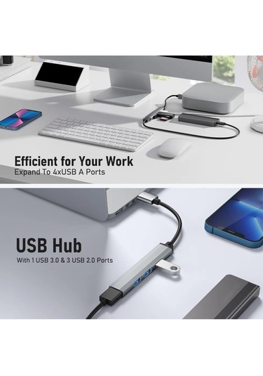2'si 1 Arada Usb 3.0 Hub, 4 Port Type-c Usb 3.0 Hub, Macbook Uyumlu