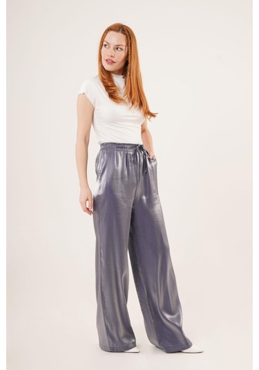 Munn Collection Parlak Görünümlü Cepli Mor Bol Paça Pantolon Mor