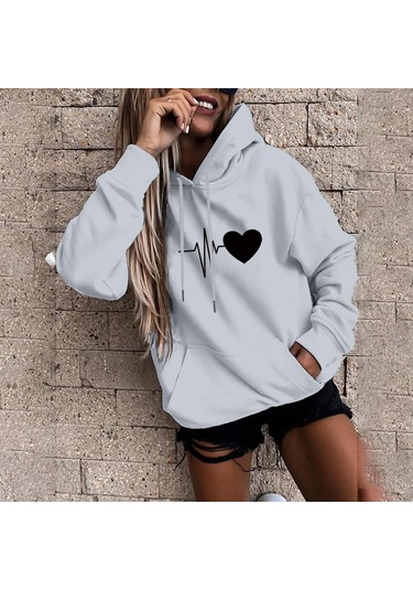 Gri Fo Kadın Moda Rahat Eğlenceli Baskı Kapşonlu Kazak Gevşek Spor Üstleri Kazak Gri