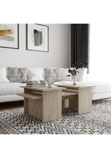 Olive 3'lü Orta Zigon Sehpa Takımı Traverten Desenli Traverten