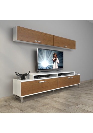 Decoraktiv Ekoflex 5 Slm Krom Ayaklı Tv Ünitesi Tv Sehpası Beyaz - Ceviz