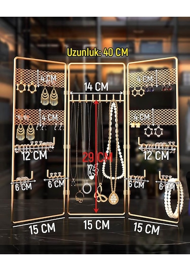 Takı Düzenleyici 3'Lü Altın Takı Organizeri Dekoratif Takılık Küpelik Bileklik Kolye Seti Standı Metal Gold