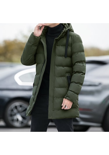 Orta Kalınlık Kışlık Rahat Ve Hafif Pamuklu Kapüşonlu Moda Erkek Mont Yeşil