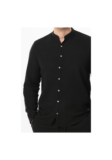 Uzun Kol Hakim Yaka Erkek Müslin Yazlık Gömlek Siyah Syh-siyah Siyah