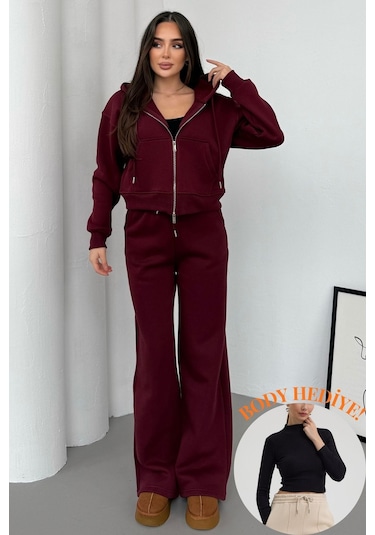 Mezka Kadın Çift Fermuar Detaylı Kapüşonlu Kışlık Şardonlu Oversize Eşofman Takımı Bordo