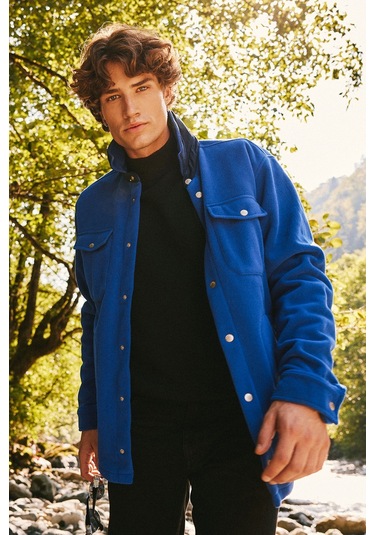 AC&Co / Altınyıldız Classics Erkek Saks-lacı Standart Fit Normal Kesim Gömlek Yaka Cepli Polar Ceket Lacivert