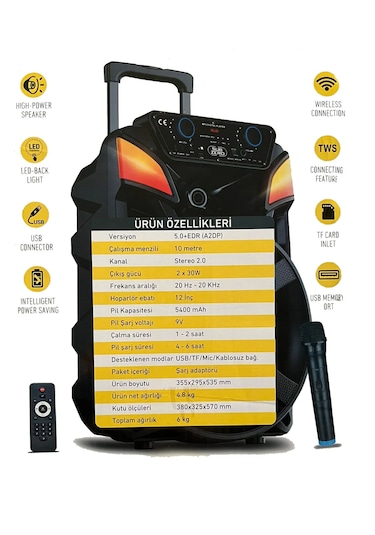 Bluetooth Hoparlör Speaker Karaoke Mikrofonlu Süper Bas Hoparlör 2x30w Büyük Boy Tekerlekli 5400mah