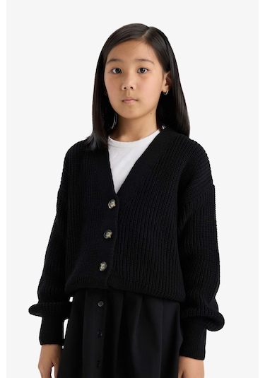 Defacto Kız Çocuk V Yaka Düğmeli Triko Hırka A2298a825aubk27 Siyah