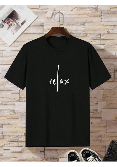 Relax T-shirt - Siyah Baskılı Oversize Bisiklet Yaka Kısa Kol Tişört Siyah