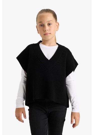 Defacto Kız Çocuk Oversize Geniş Kalıp V Yaka Triko Süveter F2625a825aubk27 Siyah