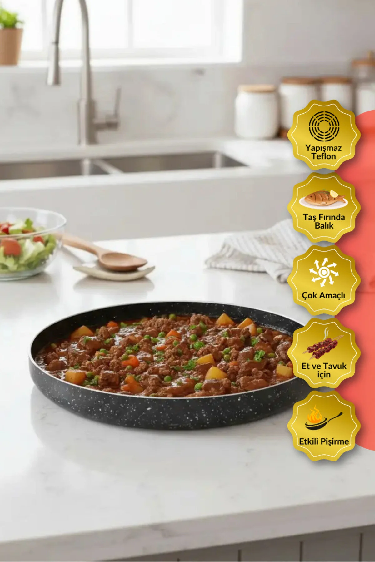 Yuvarlak Granit Fırın Tepsisi 28 Cm, Alüminyum Gövde, Hafif Ve Dayanıklı Yapışmaz Siyah