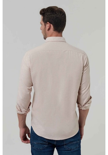 Ds Damat Slim Fit Bej Oxford Düğmeli Yaka Kolay Ütülenebilir Nakış Detaylı Pamuklu Gömlek 4HC02ORT03265 Bej