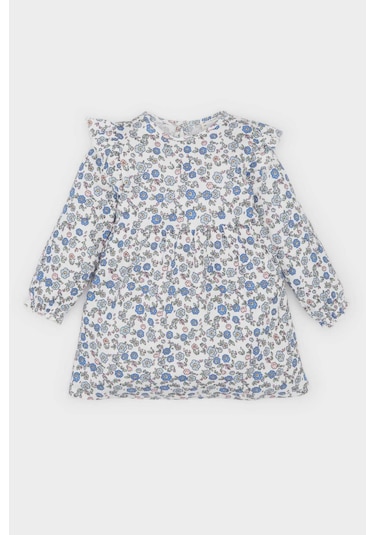 DeFacto Kız Bebek Çiçekli Uzun Kollu Waffle Elbise D9387A525SPER233 Ekru
