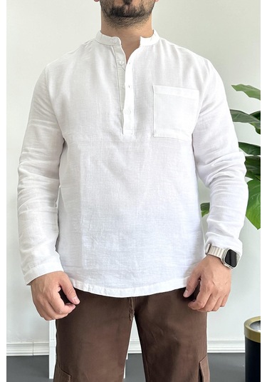 Erkek Hakim Yaka Yarım Patlı Cepli Gömlek Beyaz Edw361 Beyaz