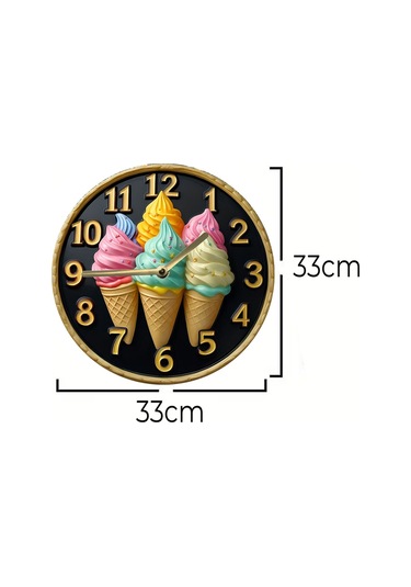 Renkli Dondurma Külahlı Mdf Duvar Saati 3d Görünümlü, Sessiz Mekanizmalı, 2d Hd Baskı Sdw241 Renkli