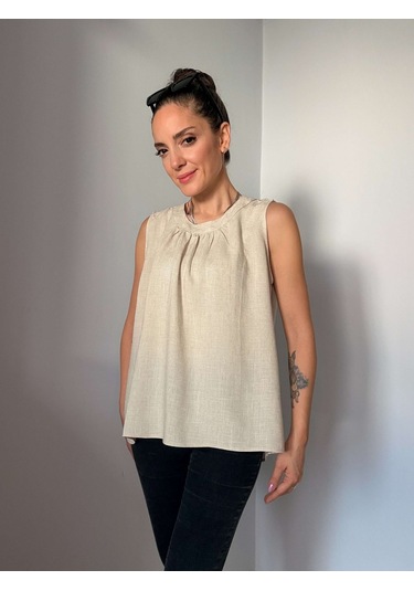 Ali Butik Taş Rengi Bisiklet Yaka Keten Bluz Taş