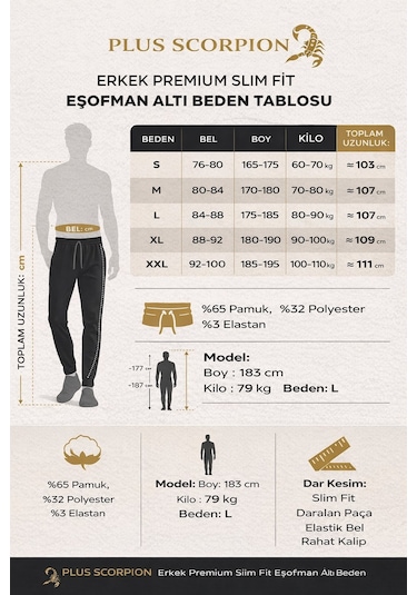 Plus Scorpion Erkek Slim Fit Pamuklu Eşofman Altı Siyah