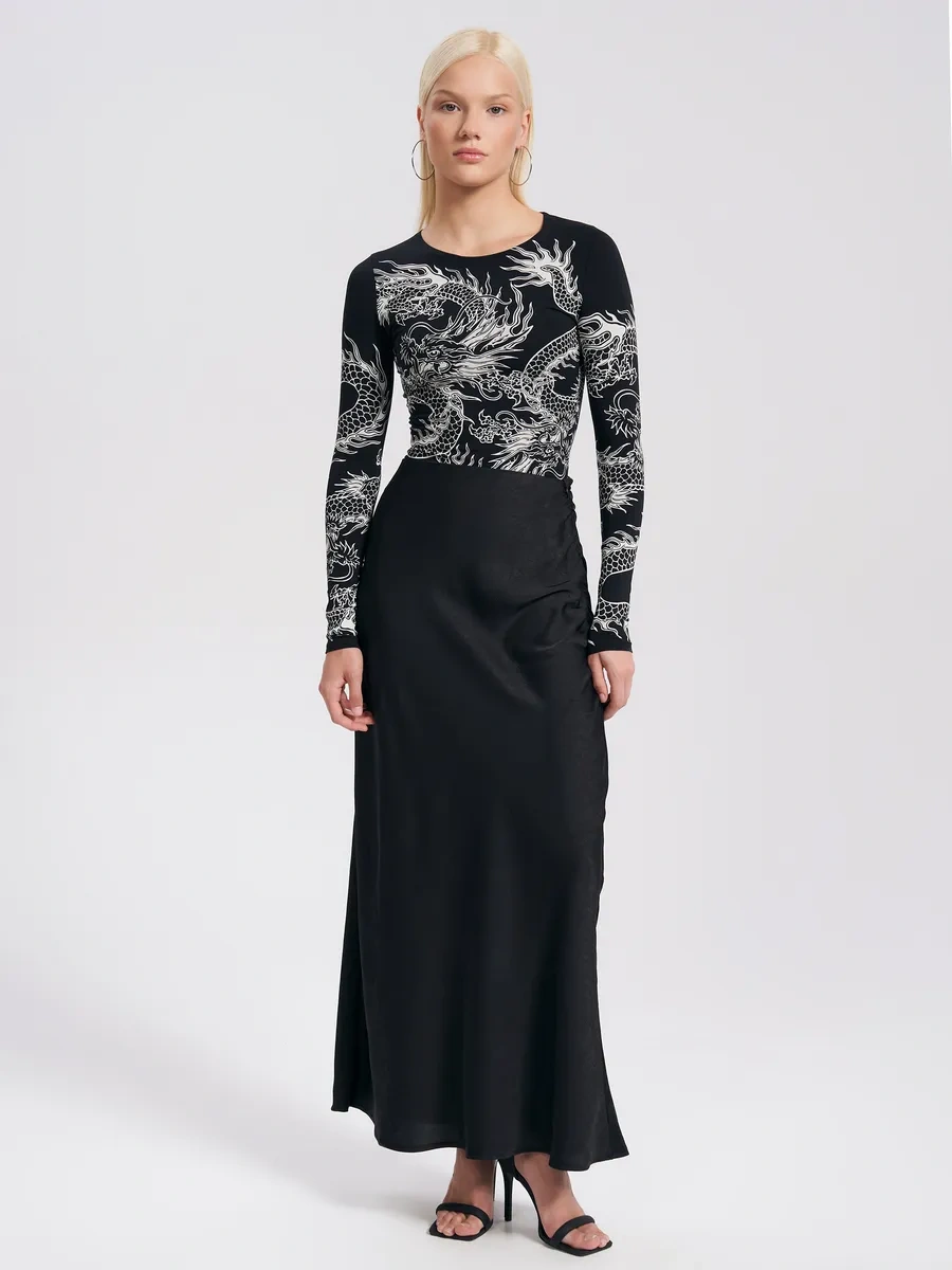 Tvoe Uçan Ejderha Baskılı Uzun Kollu Body 175917878 Siyah