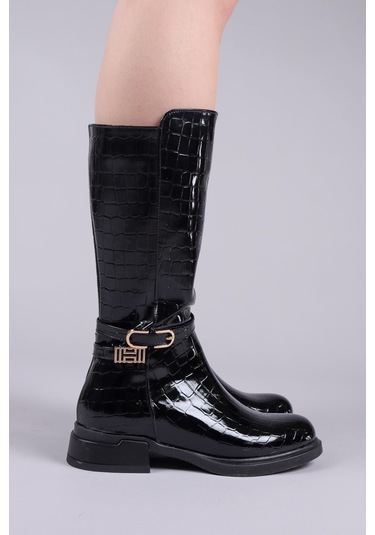 Bimini Gold Tokalı Kroko Rugan Yarım Çizme Siyah-8495 Siyah