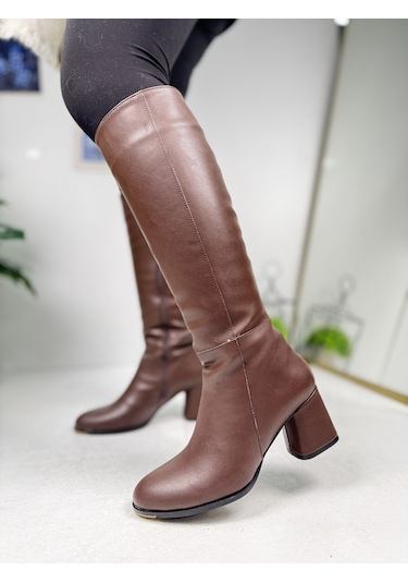 Günlük Kadın Yüksek Kalın Topuklu Fermuarlı Diz Altı Rahat Çizme 3001 Acı Kahve